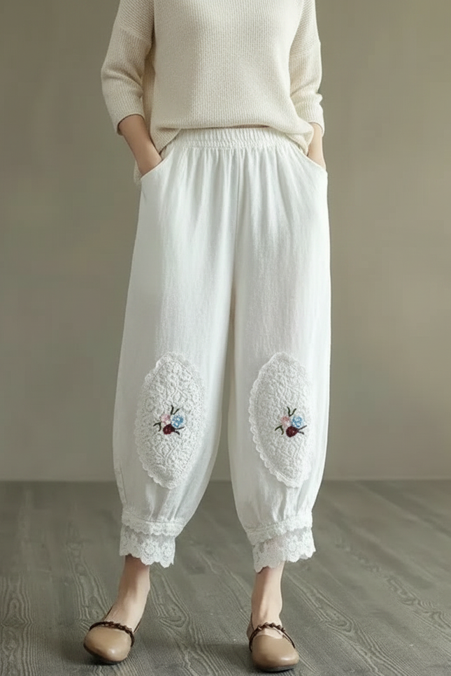Pantalon Chinois Blanc Ample Brodé Coton Lin