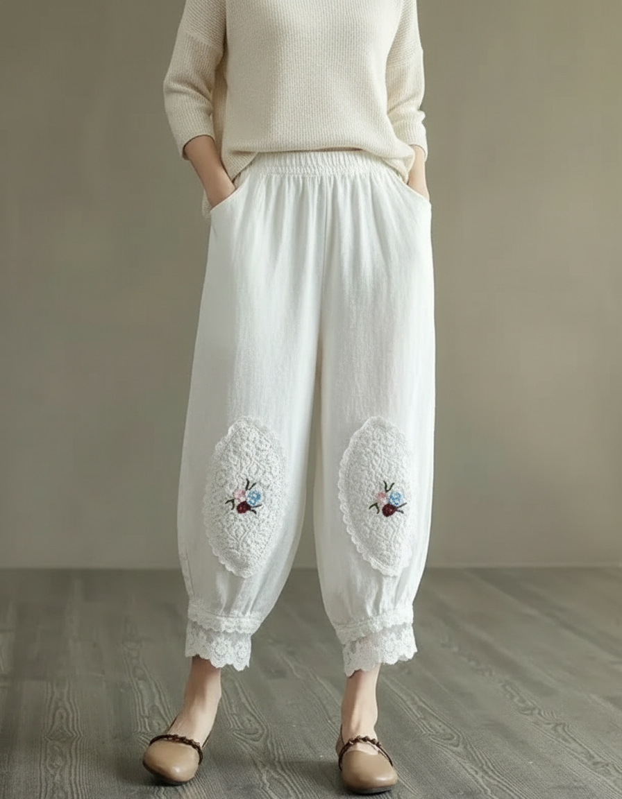 Pantalon Chinois Blanc Ample Brodé Coton Lin