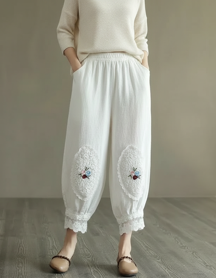Pantalon Chinois Blanc Ample Brodé Coton Lin