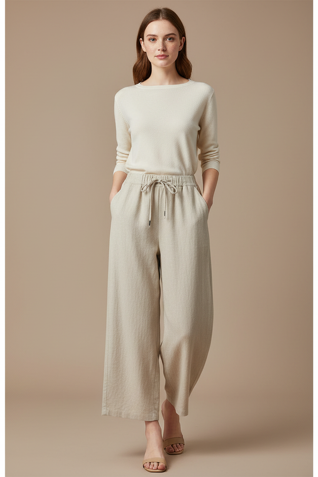 Pantalon Chinois Beige Lin Ample Décontracté Fluide