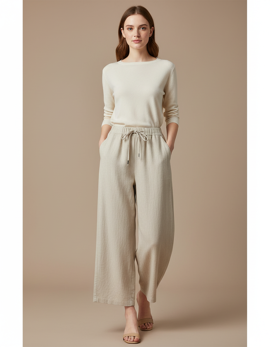 Pantalon Chinois Beige Lin Ample Décontracté Fluide