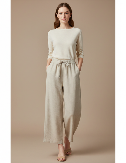 Pantalon Chinois Beige Lin Ample Décontracté Fluide