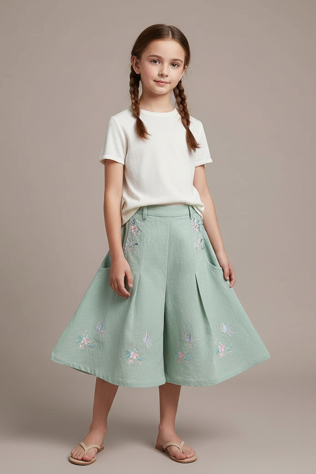Pantalon Chinois Vert Ample Brodé Fleurs Papillons Fille - Lin