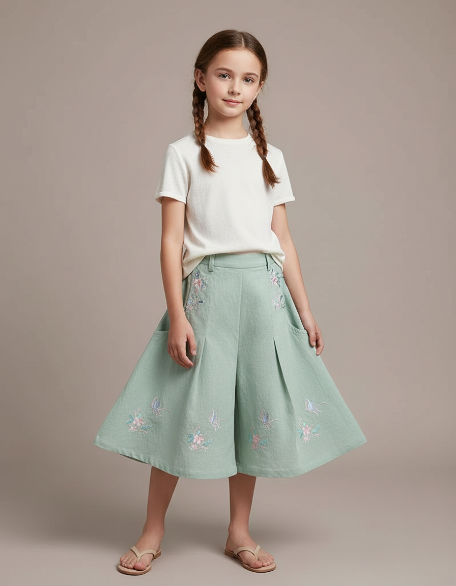 Pantalon Chinois Vert Ample Brodé Fleurs Papillons Fille - Lin