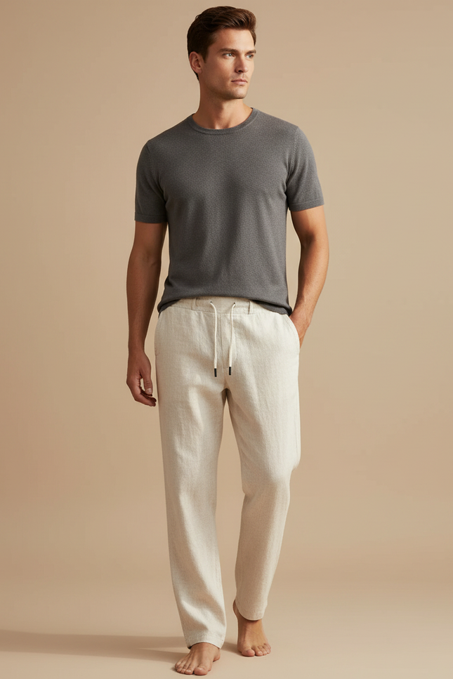 Pantalon Chinois Lin Droit Écru Décontracté Homme - Beige