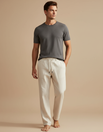 Pantalon Chinois Lin Droit Écru Décontracté Homme - Beige