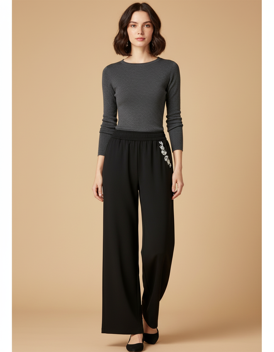 Pantalon Chinois Noir Ample Brodé Élégant Femme - Polyester