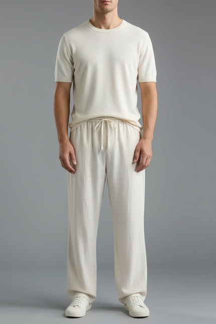 Pantalon Chinois Écru Lin Ample Cordon Décontracté - Beige