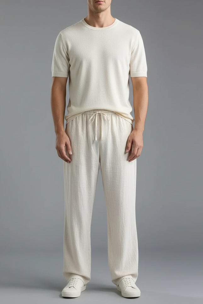 Pantalon Chinois Écru Lin Ample Cordon Décontracté - Beige