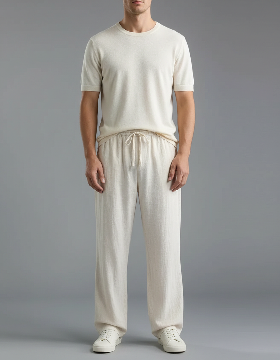 Pantalon Chinois Écru Lin Ample Cordon Décontracté - Beige