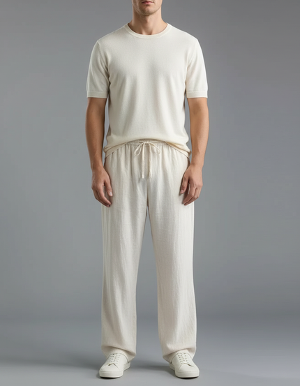 Pantalon Chinois Écru Lin Ample Cordon Décontracté - Beige