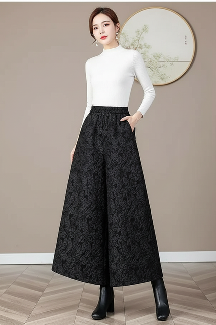 Pantalon Chinois Large Jacquard Noir Rétro Élégant - Polyester