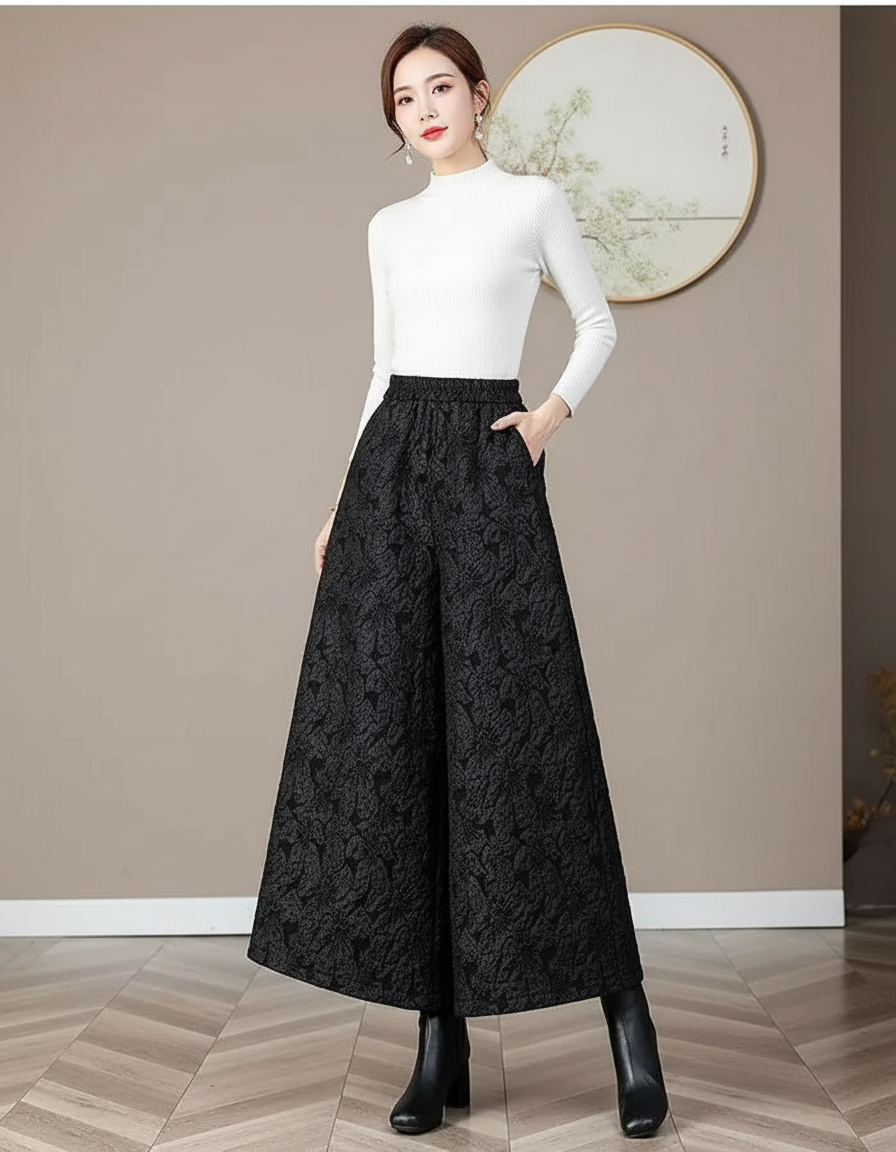 Pantalon Chinois Large Jacquard Noir Rétro Élégant - Polyester
