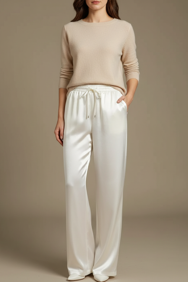 Pantalon Chinois Blanc Satin Fluide Élégant
