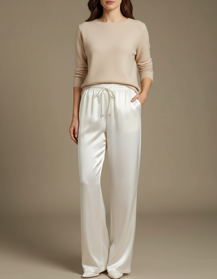 Pantalon Chinois Blanc Satin Fluide Élégant
