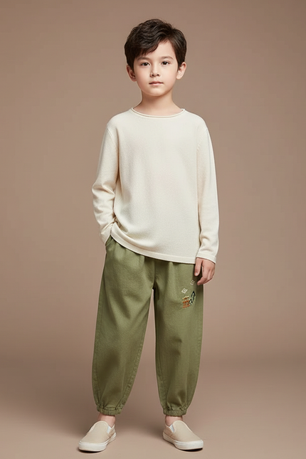 Pantalon Chinois Vert Ample Coton Brodé Enfant
