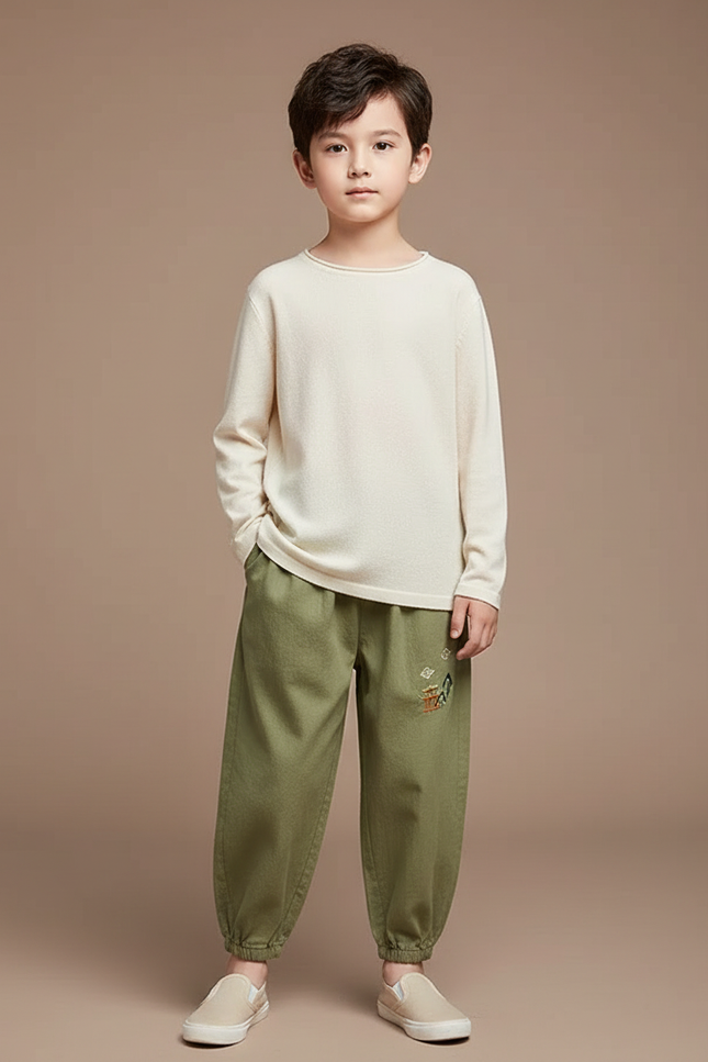 Pantalon Chinois Vert Ample Coton Brodé Enfant