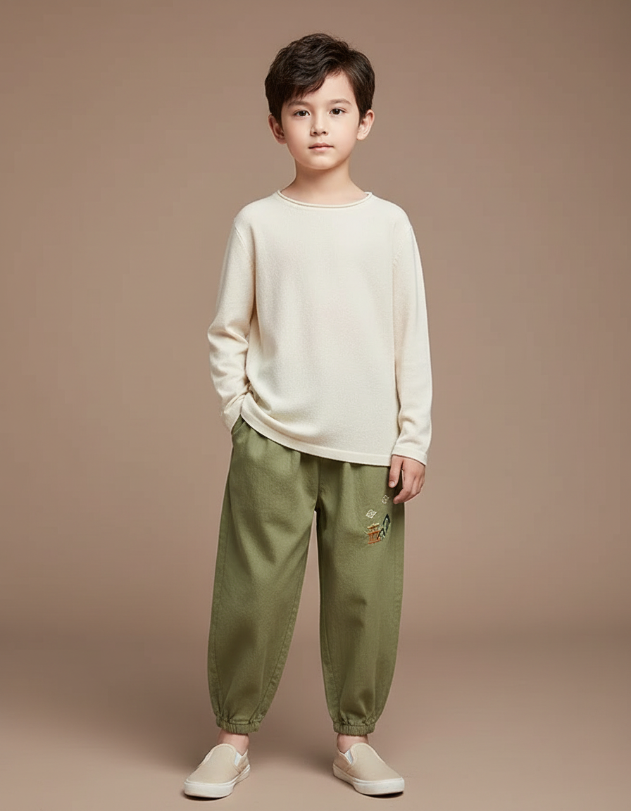 Pantalon Chinois Vert Ample Coton Brodé Enfant