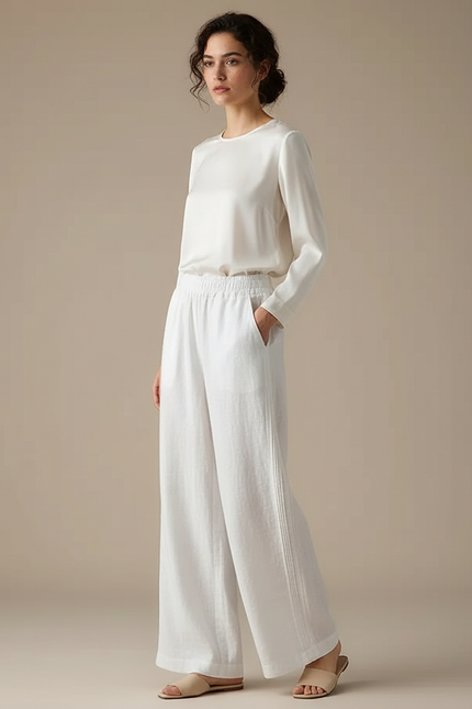 Pantalon Chinois Blanc Lin Ample Décontracté Fluide