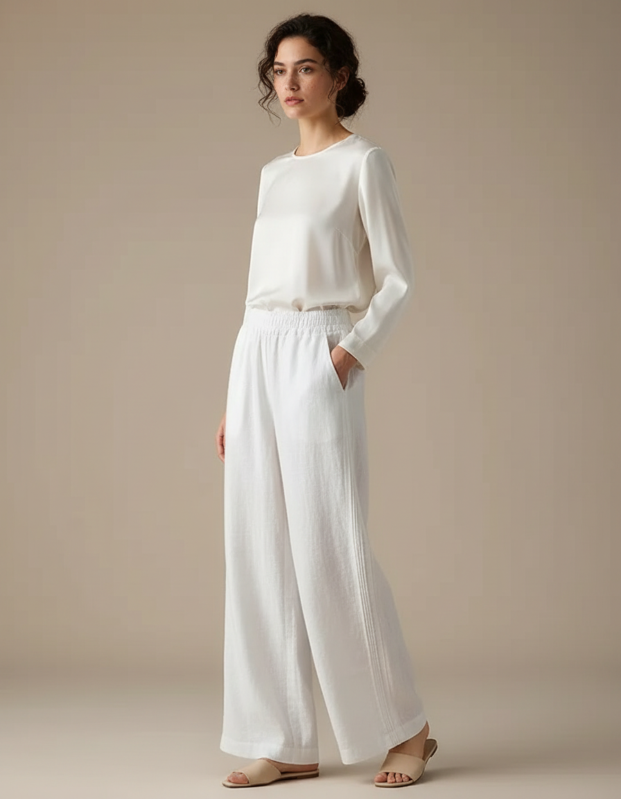 Pantalon Chinois Blanc Lin Ample Décontracté Fluide