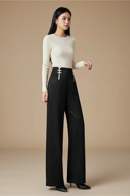 Pantalon Chinois Femme Noir Large - Satin