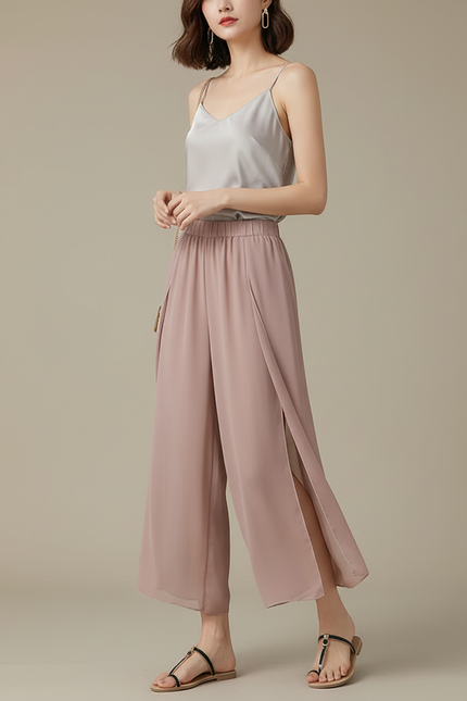 Pantalon Chinois Rose Fluide Fendu Léger Femme - Polyester