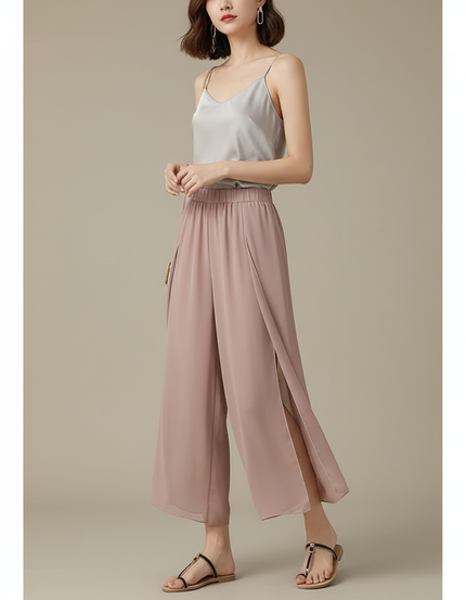 Pantalon Chinois Rose Fluide Fendu Léger Femme - Polyester