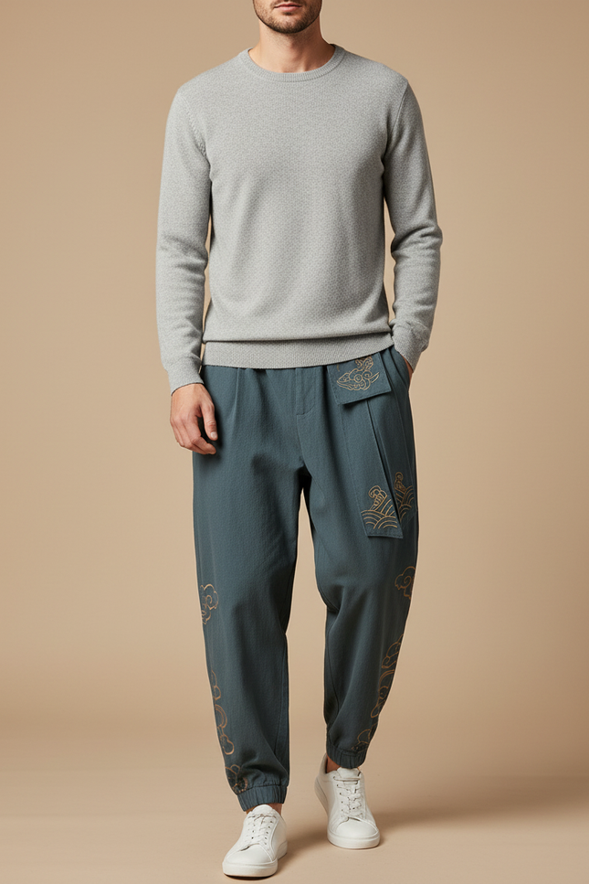Pantalon Chinois Vert Brodé Nuages Ample Harem Homme - Lin