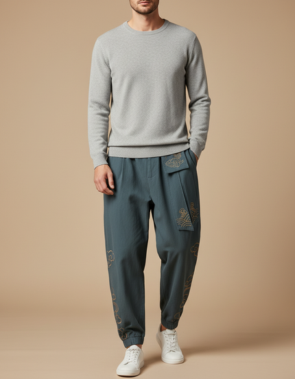 Pantalon Chinois Vert Brodé Nuages Ample Harem Homme - Lin