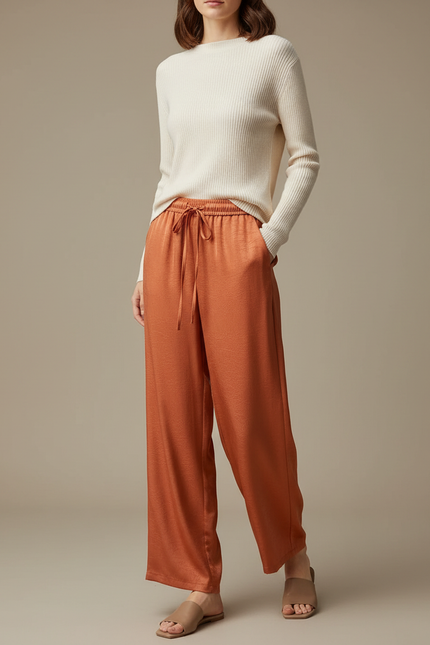 Pantalon Chinois Satin Fluide Ample Orange Élégant