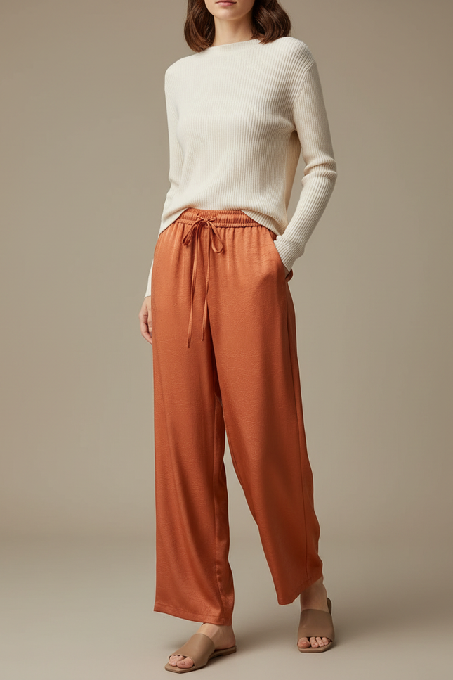Pantalon Chinois Satin Fluide Ample Orange Élégant