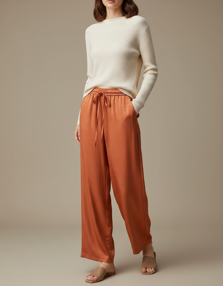 Pantalon Chinois Satin Fluide Ample Orange Élégant
