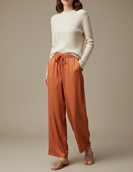 Pantalon Chinois Satin Fluide Ample Orange Élégant