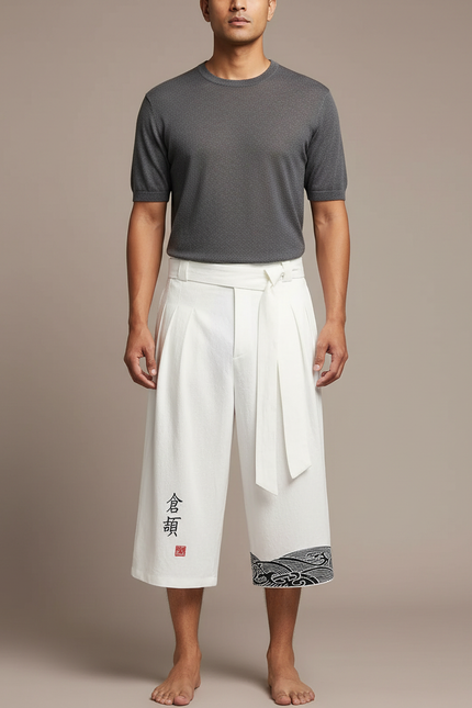 Pantalon Chinois Blanc Ample Coton Brodé Plissé Ceinturé - Lin
