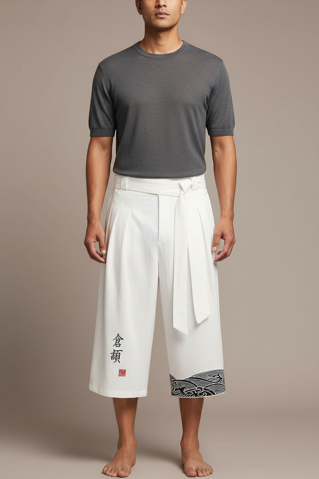 Pantalon Chinois Blanc Ample Coton Brodé Plissé Ceinturé - Lin