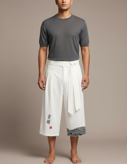Pantalon Chinois Blanc Ample Coton Brodé Plissé Ceinturé - Lin