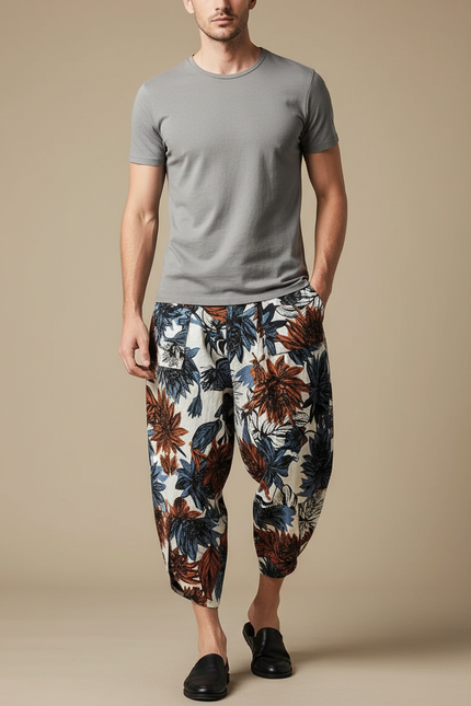 Pantalon Chinois Harem Imprimé Floral Ample Lin Coton
