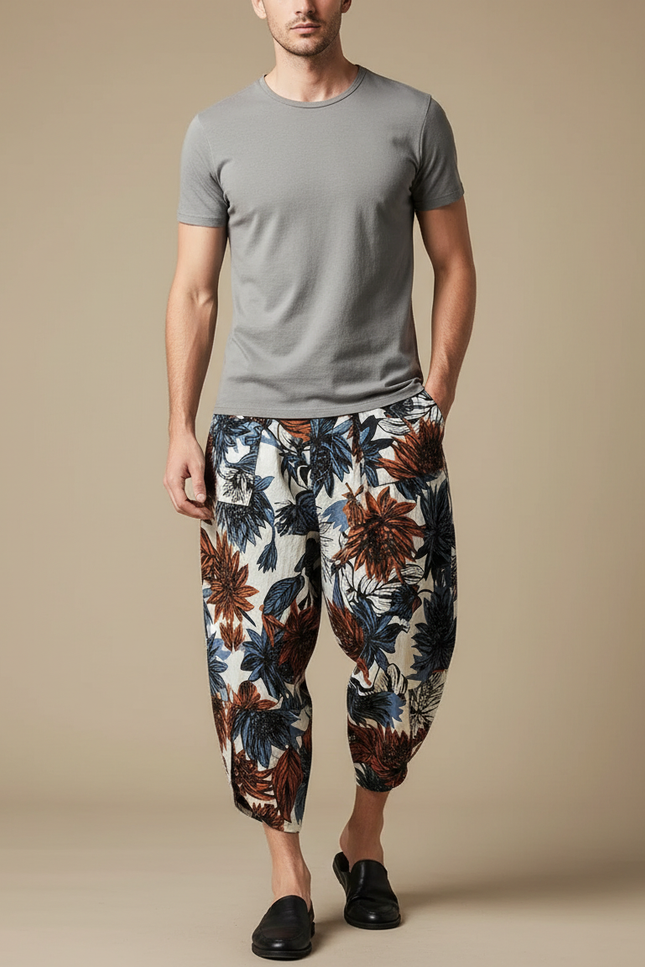 Pantalon Chinois Harem Imprimé Floral Ample Lin Coton