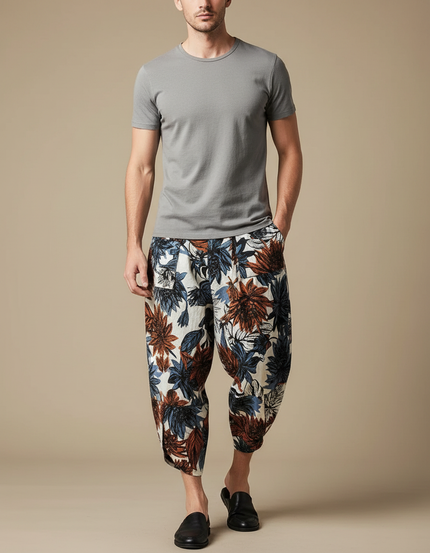 Pantalon Chinois Harem Imprimé Floral Ample Lin Coton