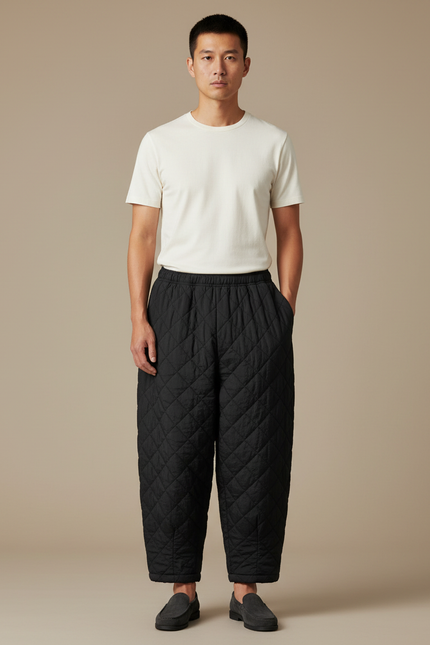 Pantalon Chinois Matelassé Noir Ample Hiver - Polyester