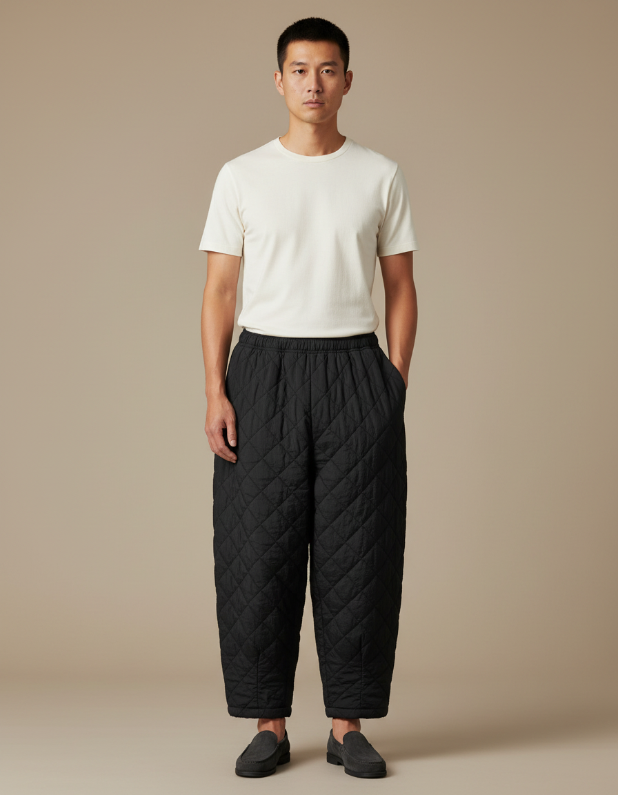 Pantalon Chinois Matelassé Noir Ample Hiver - Polyester