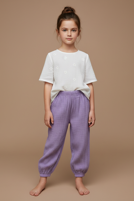 Pantalon Chinois Violet Coton Ample Texturé Enfant
