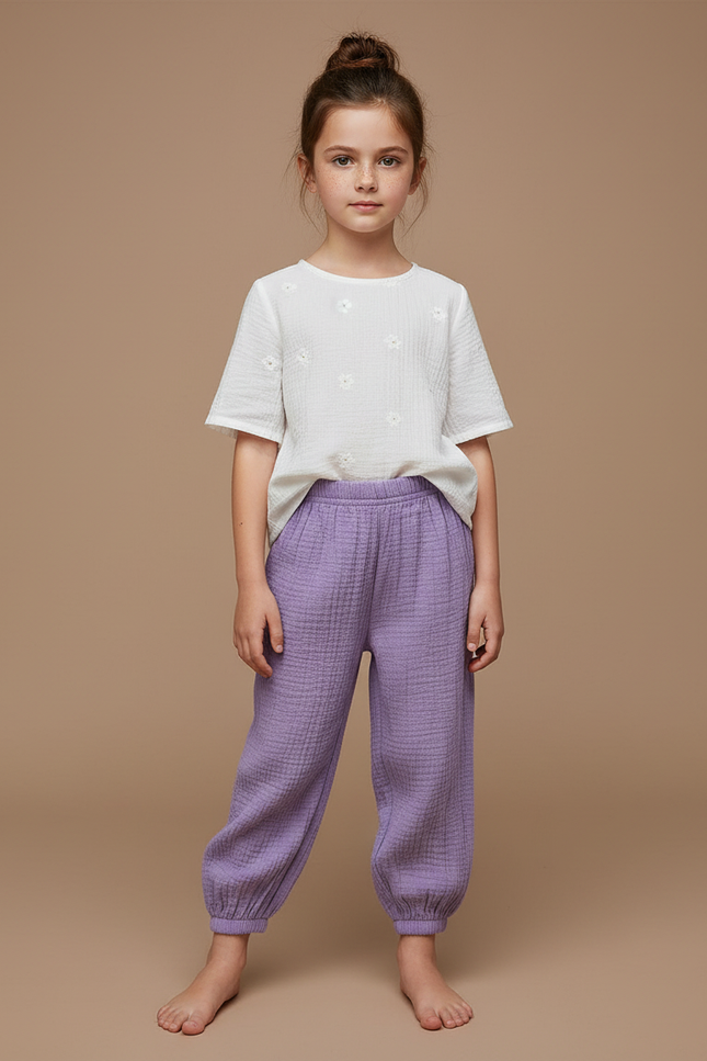 Pantalon Chinois Violet Coton Ample Texturé Enfant