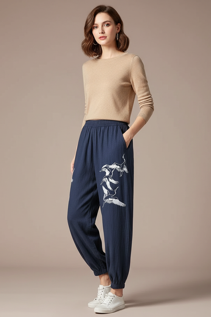 Pantalon Chinois Bleu Marine Ample Cigognes Brodé Coton