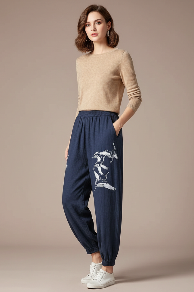Pantalon Chinois Bleu Marine Ample Cigognes Brodé Coton
