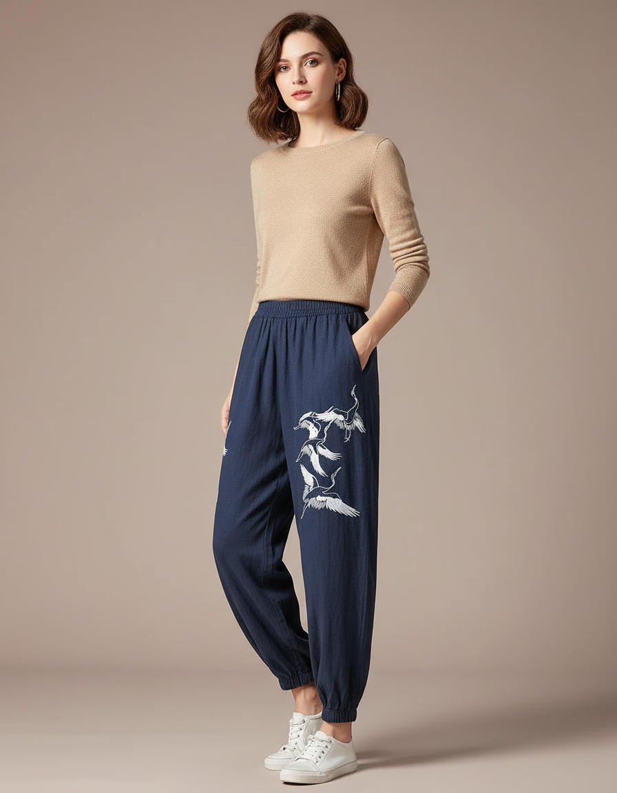 Pantalon Chinois Bleu Marine Ample Cigognes Brodé Coton