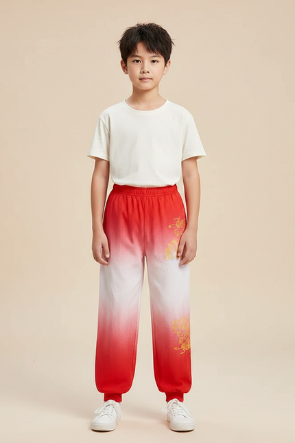 Pantalon Chinois Dégradé Rouge Blanc Ample Brodé Enfant - Molleton