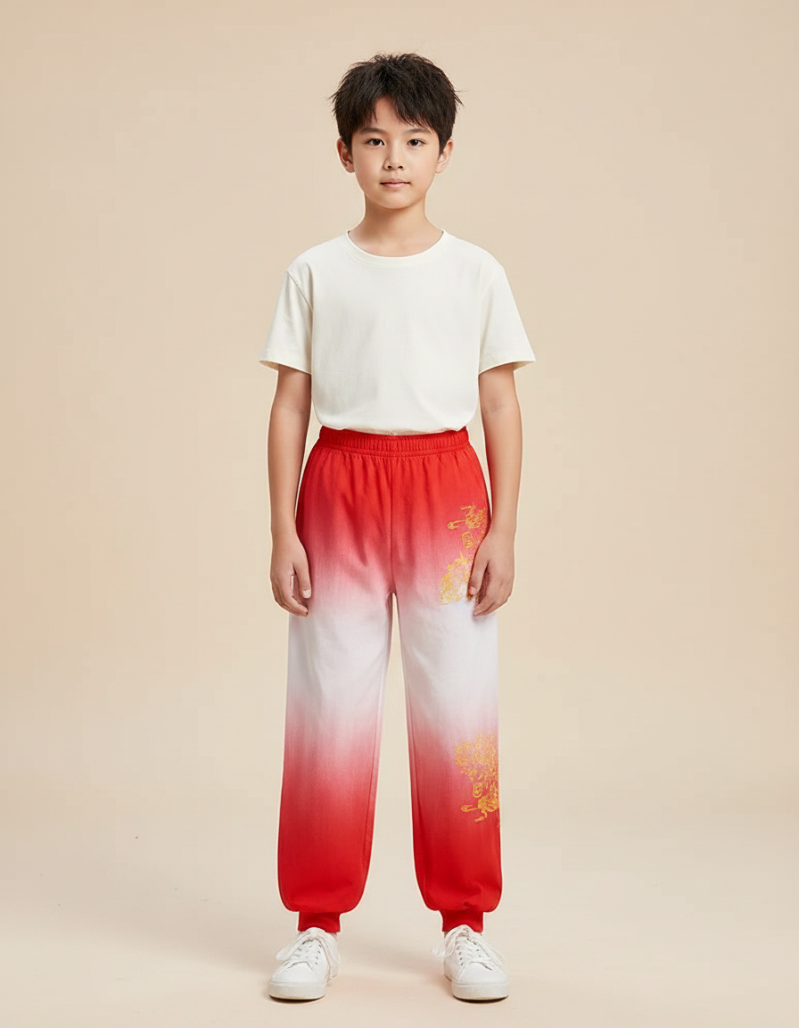 Pantalon Chinois Dégradé Rouge Blanc Ample Brodé Enfant - Molleton