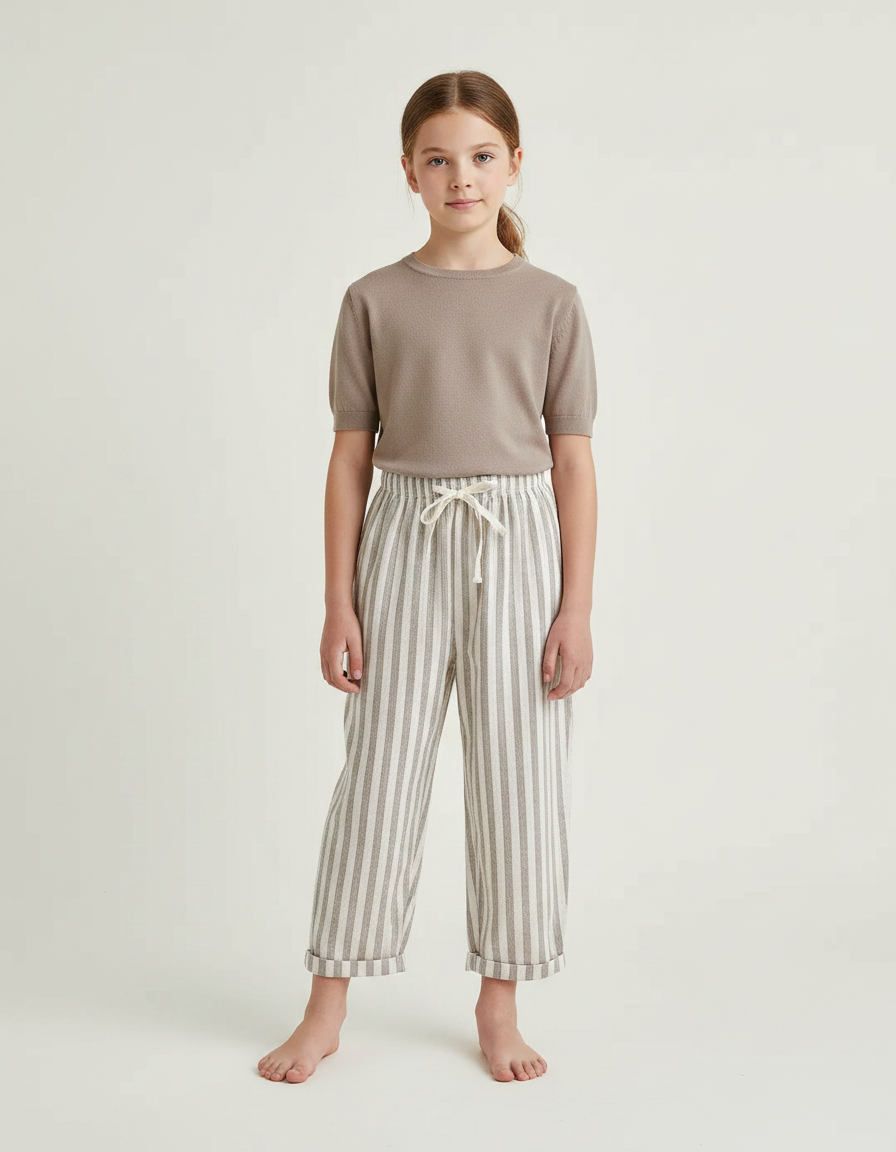 Pantalon Chinois Rayé Beige Ample Coton Enfant