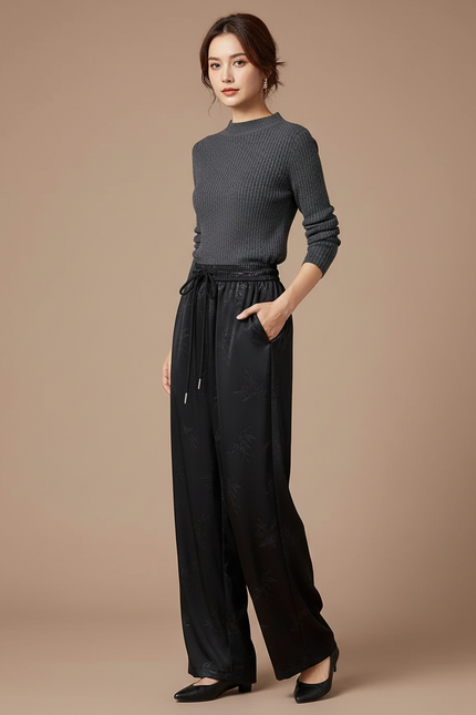 Pantalon Chinois Noir Jacquard Satin Ample Fluide Élégant
